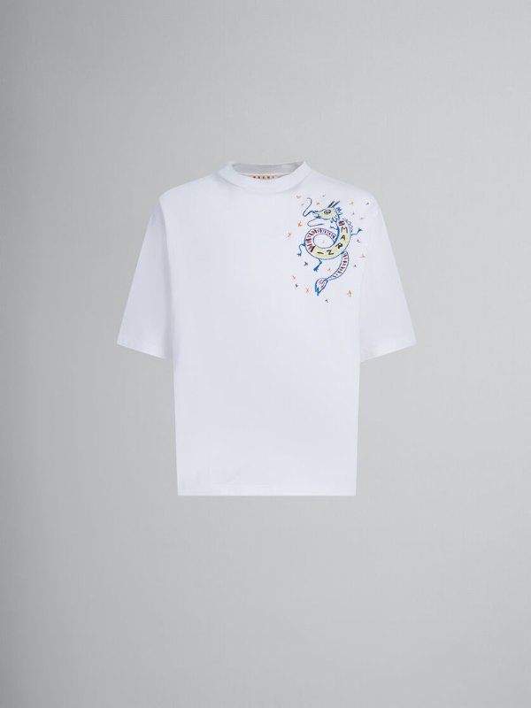 White bio jersey T-shirt with dragon print