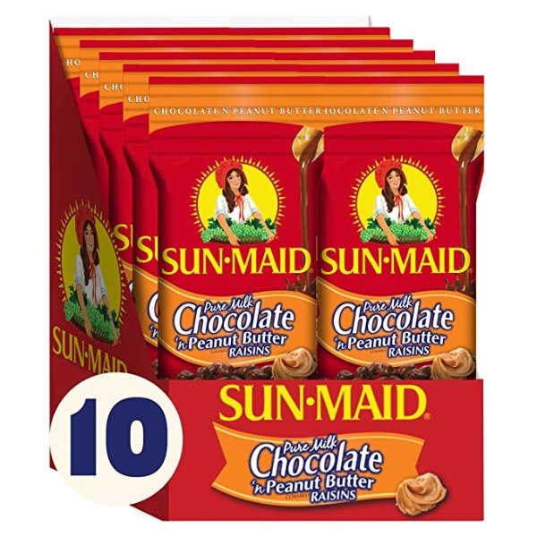 Chocolate Covered Raisins Snacks, Pure Milk Chocolate 'n Peanut Butter Raisins, 2 oz Individual Single Serve Bags (Pack of 10)