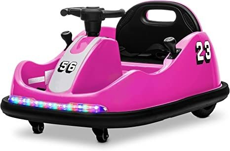 DIY Sticker Race Car Twin-Motor 12V Kids Toy Electric Ride On Bumper Car Vehicle with Remote Control, Bluetooth, Music, LED Lights & 360 Spin – Pink