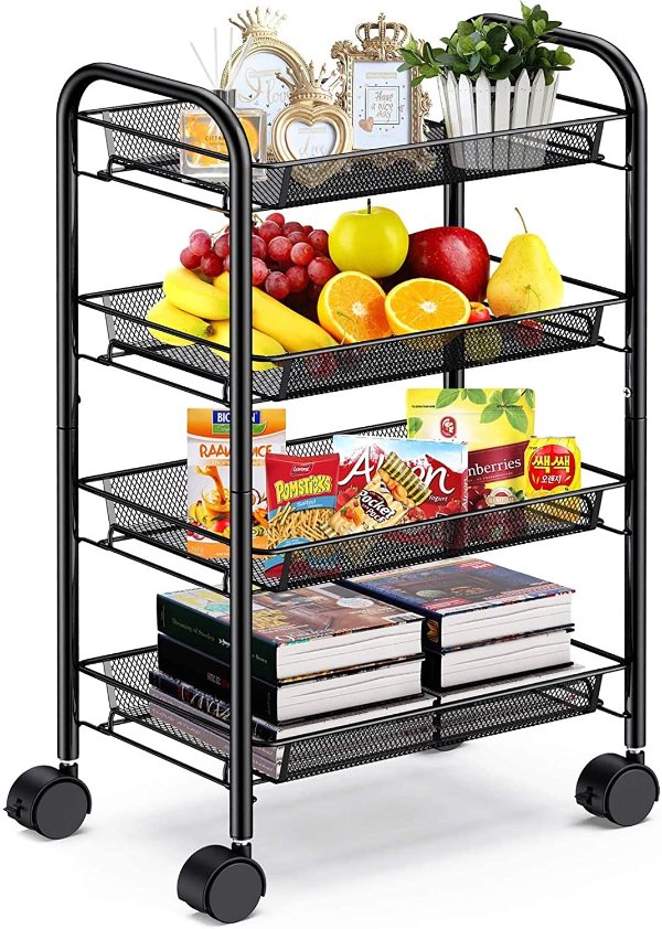 Homfa 4-Tier Mesh Wire Rolling Cart Multifunction Kitchen Storage Cart