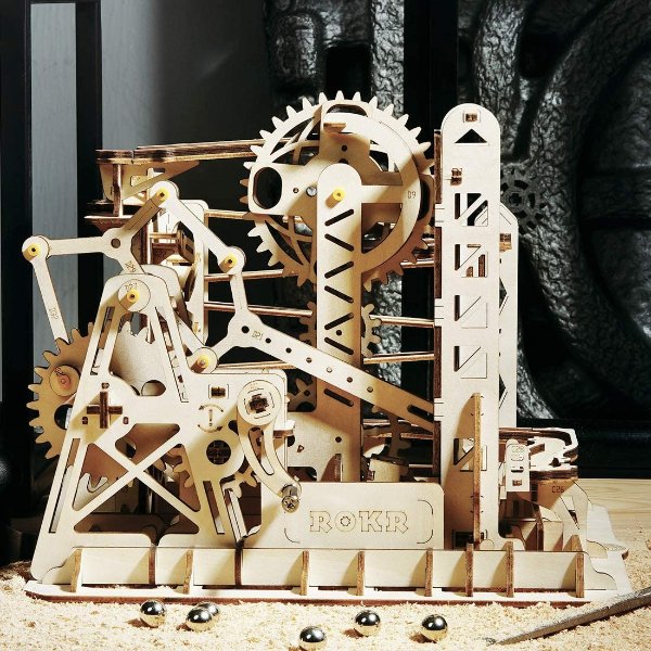 3D Assembly Wooden Puzzle Brain Teaser Game Mechanical Gears Set Model Kit Marble Run Set Unique Craft Kits Christmas/Birthday/Valentine's Gift for Adults & Kids Age 14+(LG503-Lift Coaster)