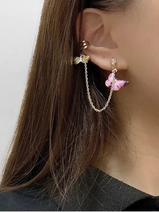 Colored Butterfly Pendant Chain Ear Cuff PINK YELLOW