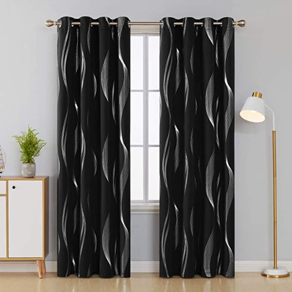 Deconovo Thermal Insulated Room Darkening Black Blackout Curtains with Silver Stripe Printed Grommet Curtains for Living Room 2 Curtain Panels 52 by 84 Inch
