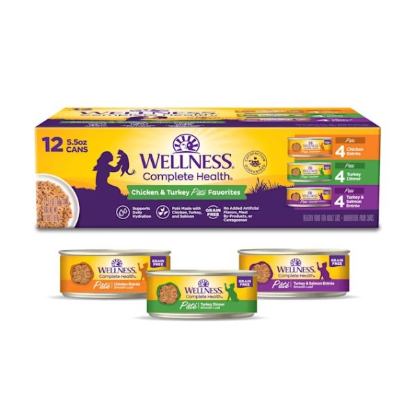 Wellness Complete Health Chicken & Turkey Pate Favorites Cat Food Variety Pack, 5.5 oz., Count of 12 | Petco