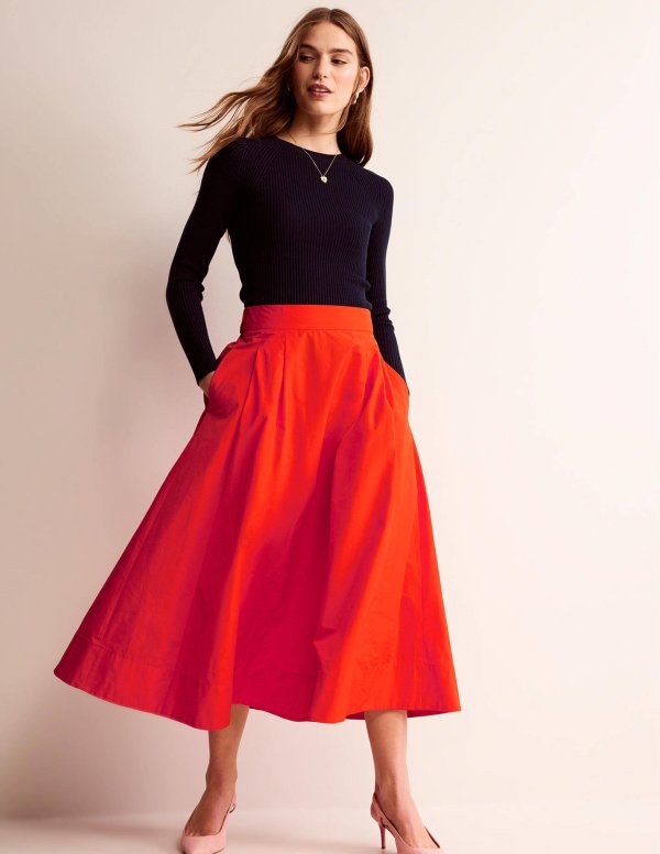 Taffeta Pull-on Midi Skirt - Red | Boden US