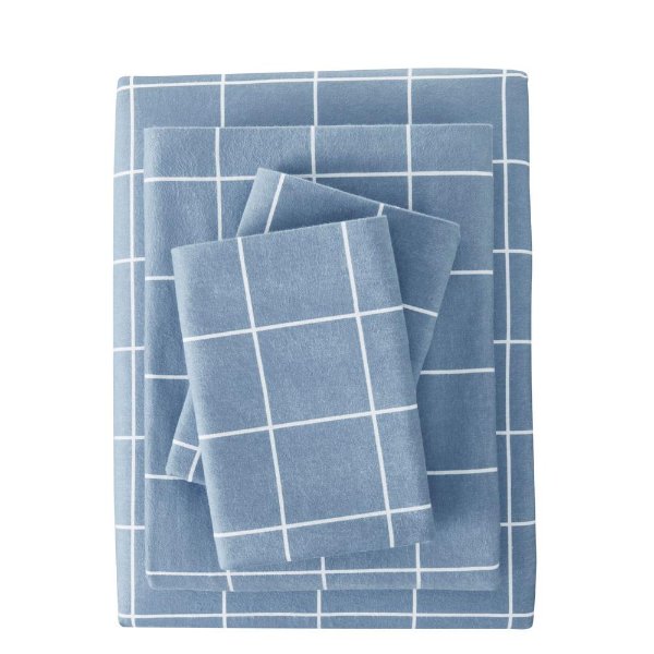 Cotton Flannel 4-Piece King Sheet Set in Washed Denim Windowpane