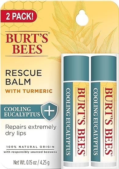 Lip Balm, Rescue Lip Balm with Beeswax & Antioxidant-Rich Turmeric, Promotes Healing of Extremely Dry Lips, Cooling Eucalyptus, All Natural (2 Pack)