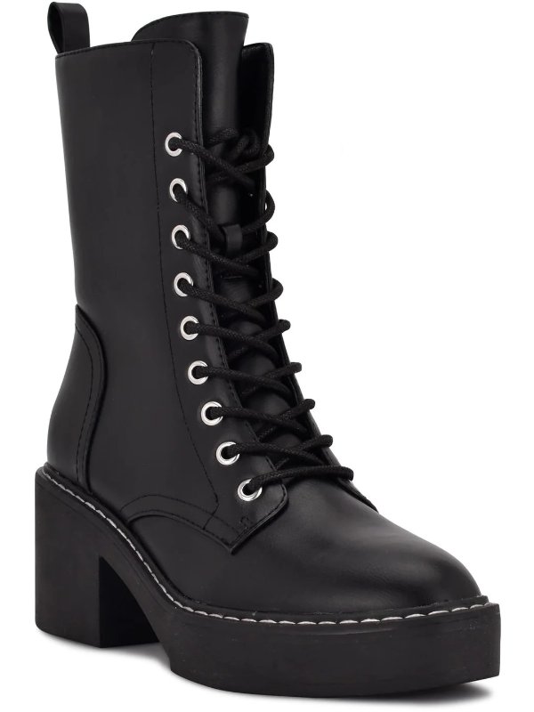 Womens Faux Leather Embossed Combat & Lace-up Boots