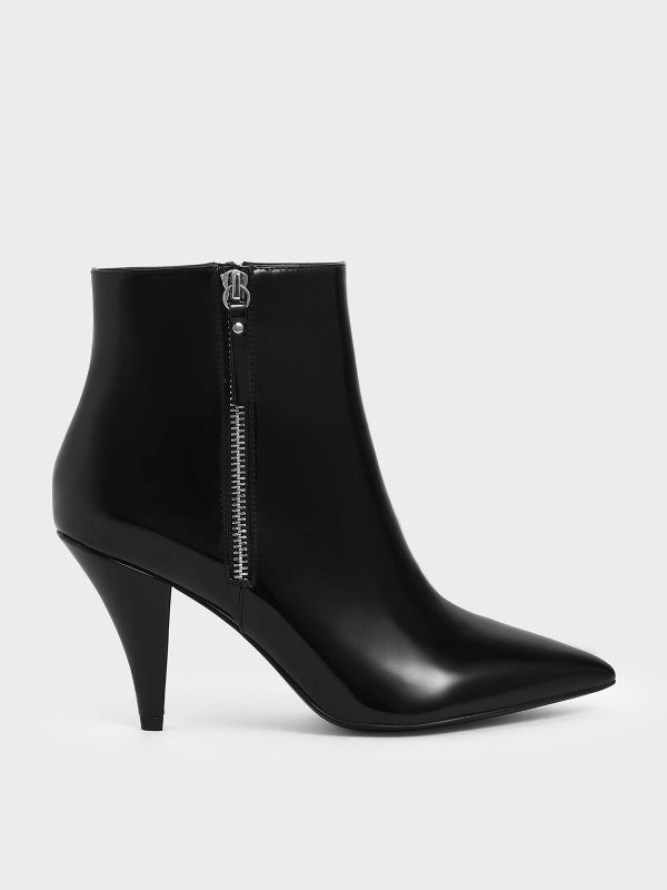 Patent Double Zip Pointed Toe Ankle Boots