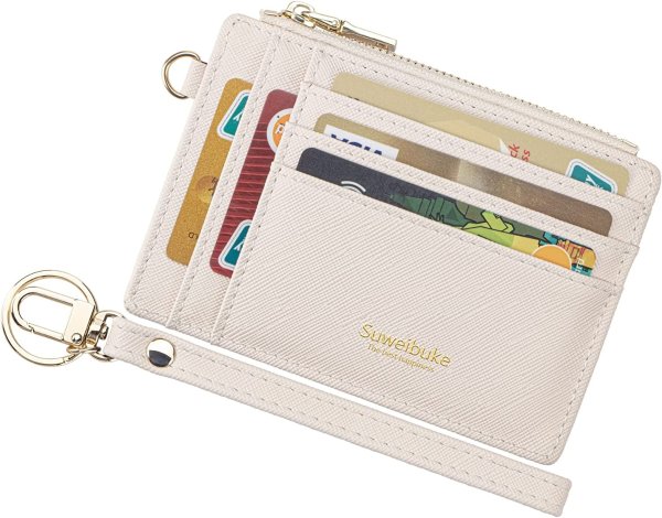 Women Slim Rfid Blocking Credit Card Case Holder Wristlet Zip ID Case Wallet Small Compact Leather Wallet Coin Purse with Keychain (Beige)