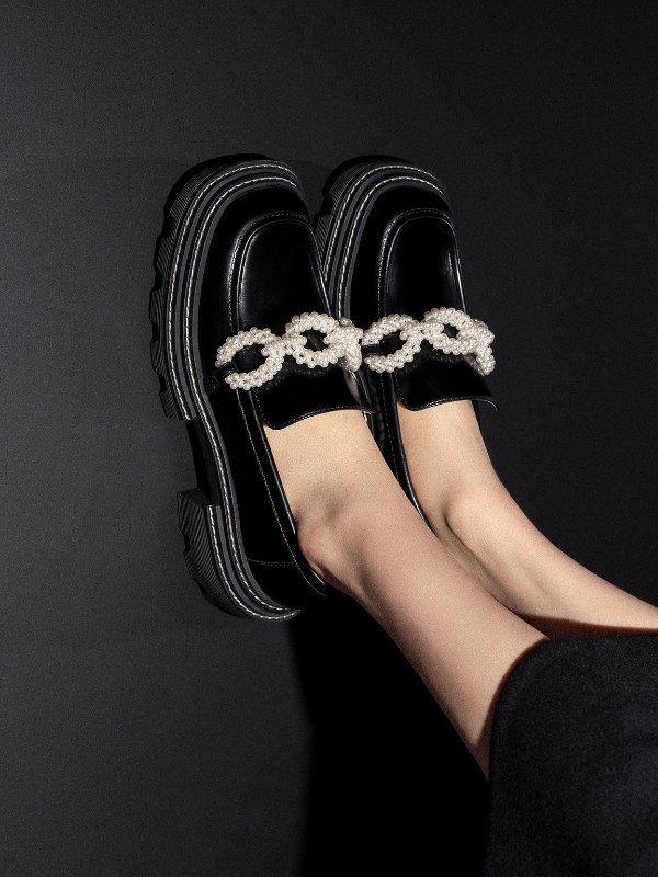 Black Perline Beaded Platform Loafers | CHARLES &amp; KEITH