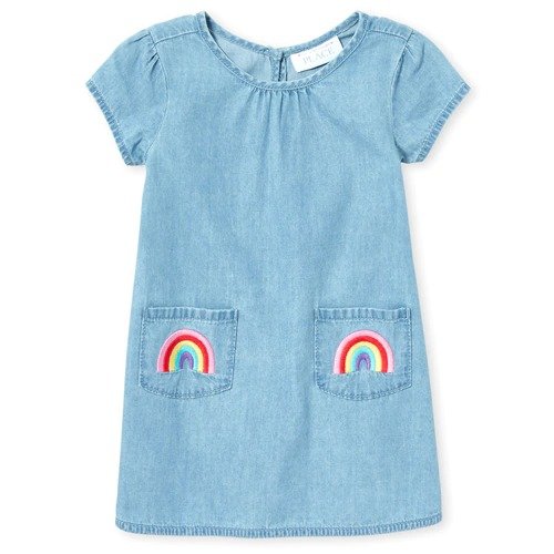Baby And Toddler Girls TINY COLLECTIONS Short Sleeve Embroidered Pocket Chambray Shift Dress - Over The Rainbow