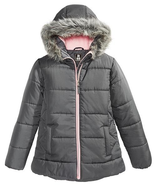 Big Girls Hooded Quilted Jacket With Faux-Fur Trim