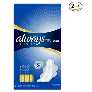 Always Infinity Unscented Pads with Wings, Regular Flow, 36 Count (Pack of 2)