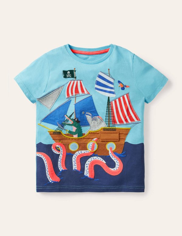 Lift-the-flap Beach T-Shirt - Aqua Blue Pirate Ship | Boden US