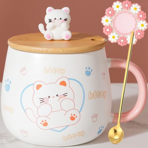 Arawat Cute Cat Coffe Mug with Lid and Spoon