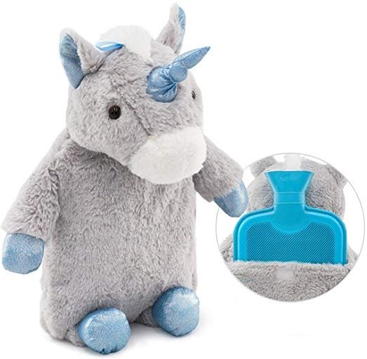 Premium Classic Rubber Hot Water Bottle with Cute Unicorn Cover (1L, Gray)