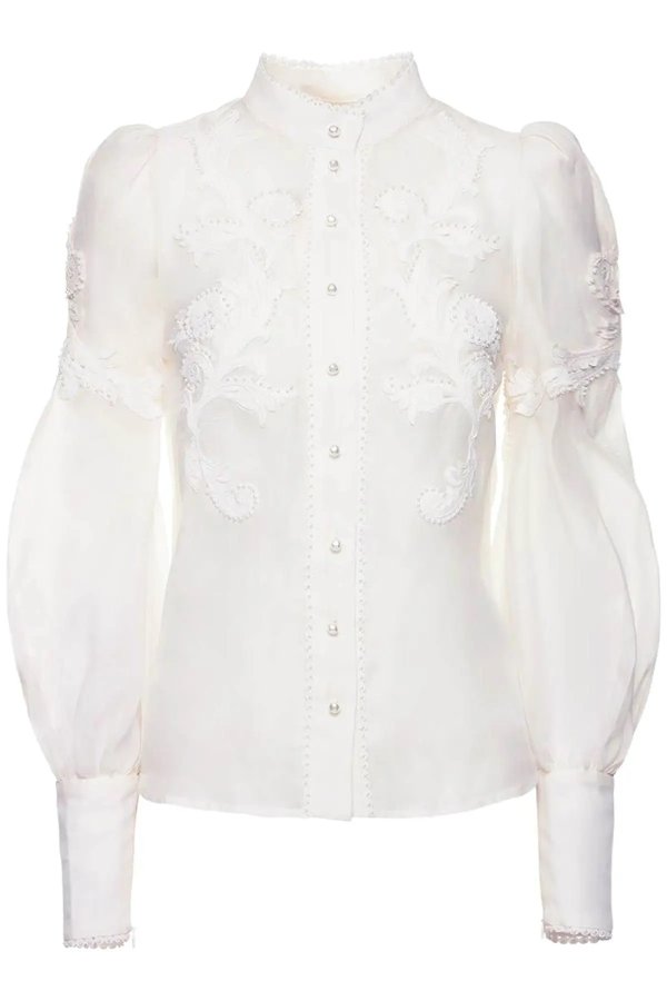 wonderland applique linen silk blouse