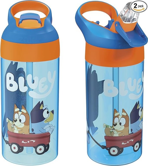 17.5 oz Riverside Bluey Kids Water Bottle with Straw and Built in Carrying Loop Made of Durable Plastic, Leak-Proof Design for Travel, 2PK Set