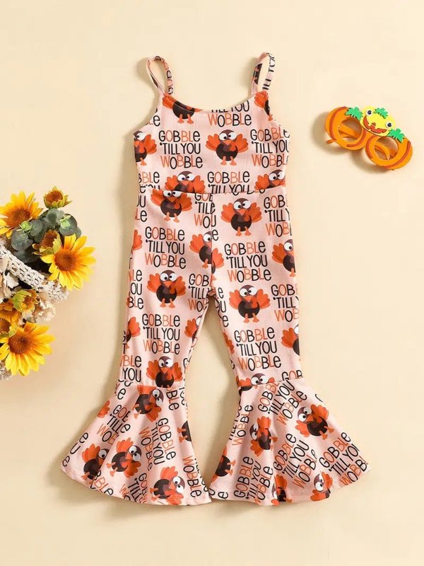 Girls Thin Strap Flared Romper With Thanksgiving "gobble" Print - Clothing, Shoes & Jewelry - Temu