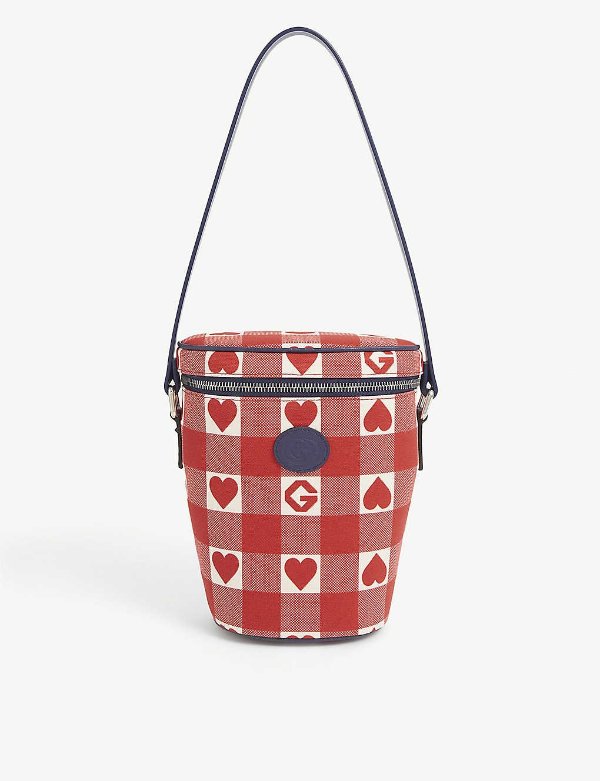 Kids heart-print woven bucket bag