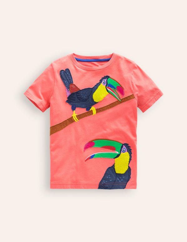 Big Applique Animals T-shirtCoral Pink Toucans