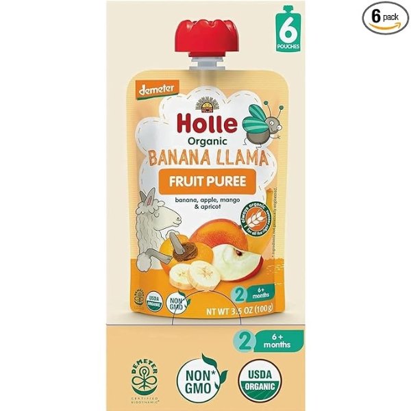 Organic Baby Food Pouches - Banana Llama Baby Puree with Banana, Apple, Mango and Apricot - (6 Pack) Organic Baby Snacks + Fruit and Veggie Pouches for Weaning Babies 6 Months and Older
