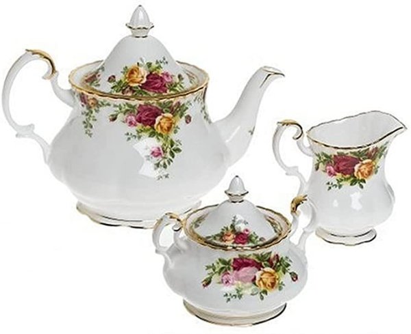 Old Country Roses 3-Piece Tea Set, Mostly White with Multicolored Floral Print