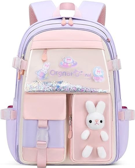 Bunny Backpack for Girls Cute Backpack Kawaii School Bookbag for Kindergarten Preschool Elementary(Purple for girl grades 1-3)