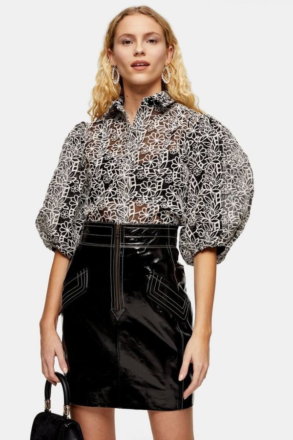 Black And White Embroidered Organza Blouse