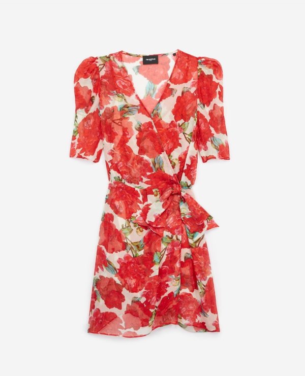 Printed wrap short dress with flowers, red