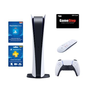 PlayStation 5 Digital Edition, Media Remote, PS Plus, and $100 PlayStation Currency System Bundle with $50 GameStop Gift Card