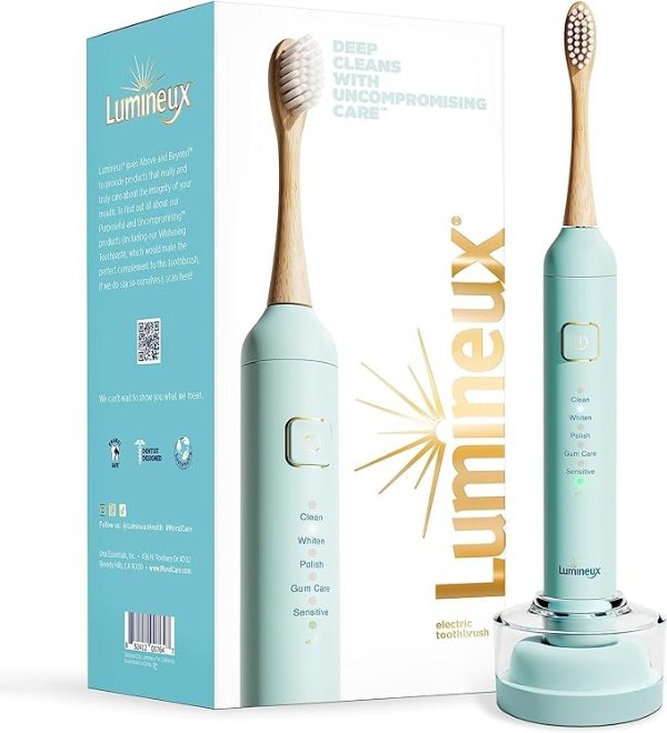 Sonic Electric Toothbrush for Adults - Bamboo Heads - Crystalline (Light Blue) - Includes 2 Super Soft Bristle Bamboo Tooth Brush Heads, Charging Station & USB Charge Cord - Rechargeable