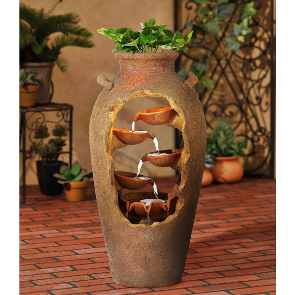 Cascade 33" High Rustic Urn Fountain with Planter and Light - #R5935 | Lamps Plus