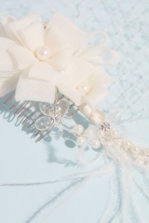 Ribbon Flower Comb with Wispy Feathers and Fishnet