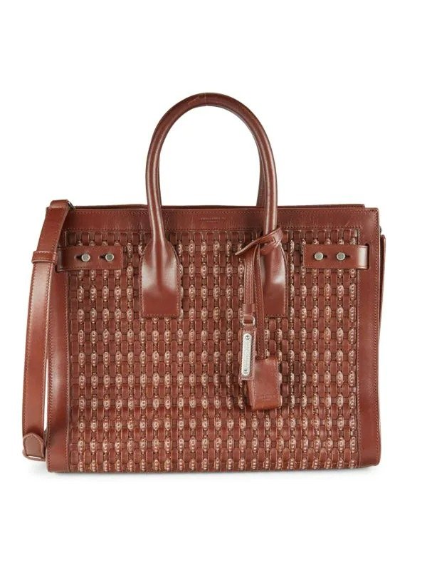 Basketweave Leather Double Top Handle Bag