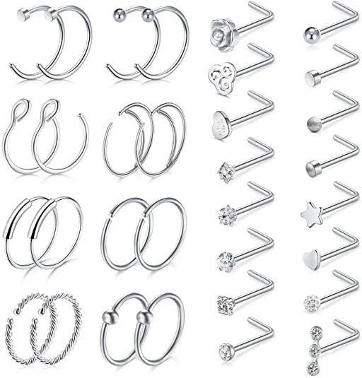 .Bella Surgical Stainless Steel 20G 8mm Nose Rings Hoop L ShapeBone Screw Nose Rings Stus 32pcs Nose Piercing Jewelry Set