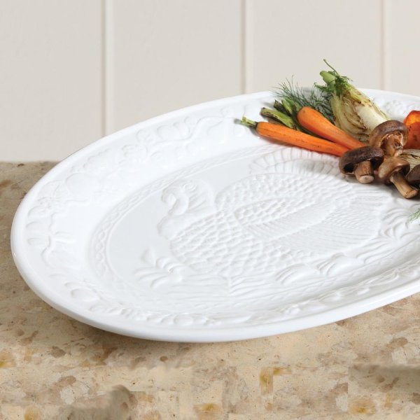 1-Piece White Ceramic Turkey Oval Platter Set