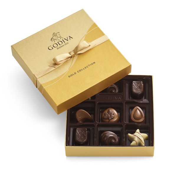 Assorted Chocolate Gold Gift Box, Gold Ribbon, 9 pc.