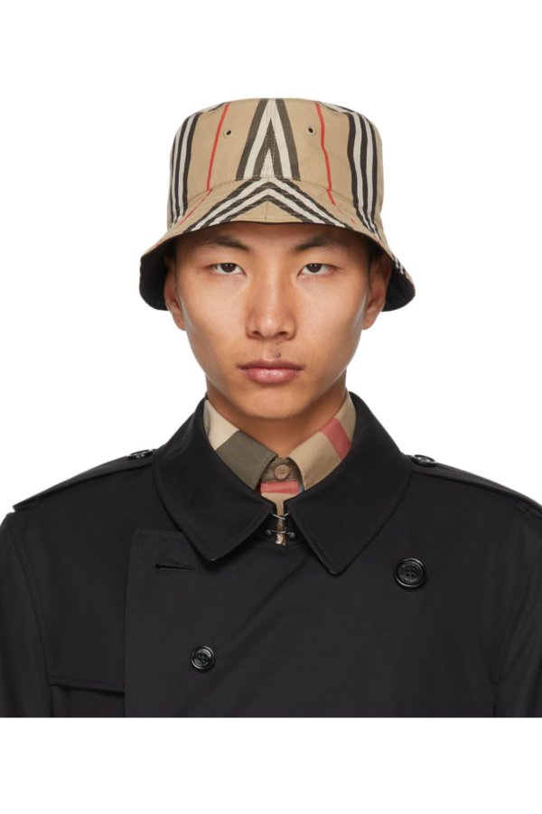 Reversible Beige Cotton Icon Stripe Bucket Hat