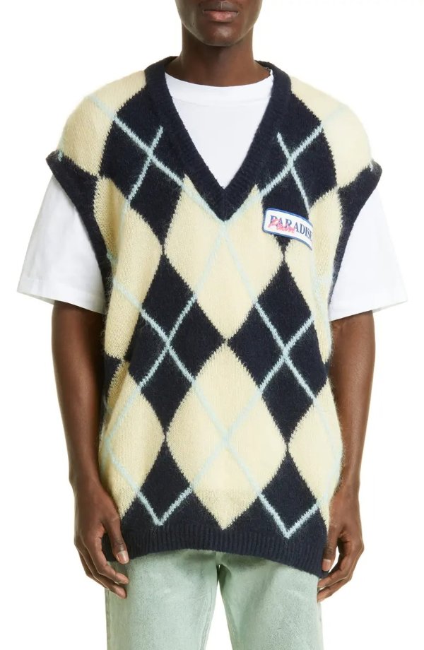 Oversize Brushed Argyle Sweater Vest