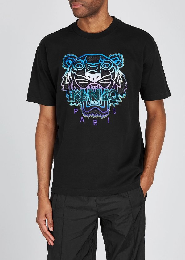 Icon black tiger-embroidered cotton T-shirt