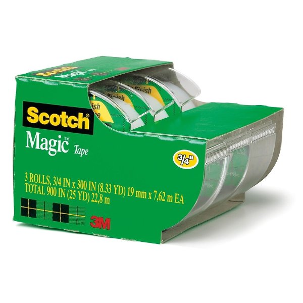 ® Magic™ Tape with Refillable Dispenser, Invisible, Write On, Matte Finish, 3/4" x 8.33 yds., 3 Rolls (3105)