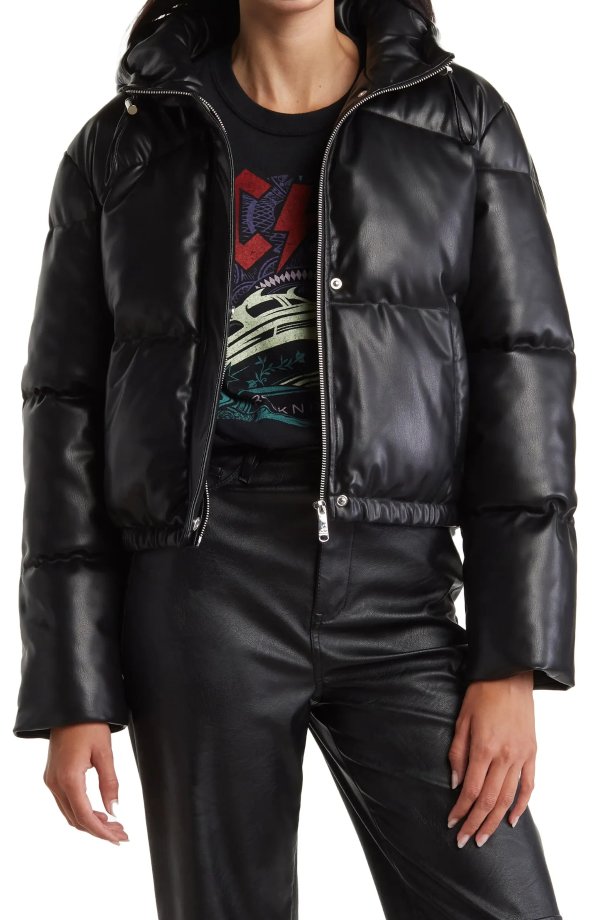 Faux Leather Hooded Crop Puffer Jacket