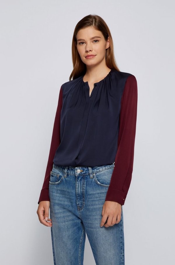 Regular-fit blouse in color-blocked stretch silk