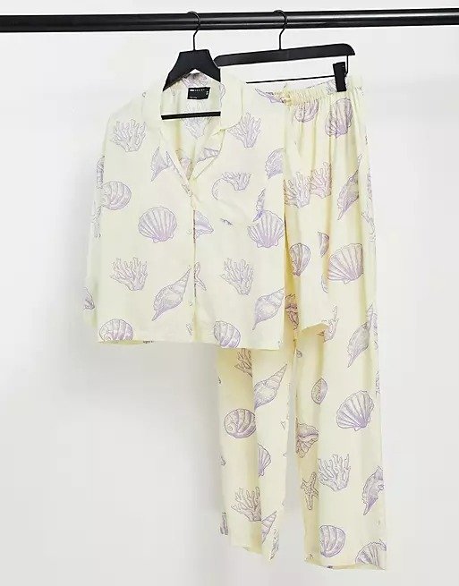 ASOS DESIGN modal seashell long sleeve shirt and pant pajama set in yellow