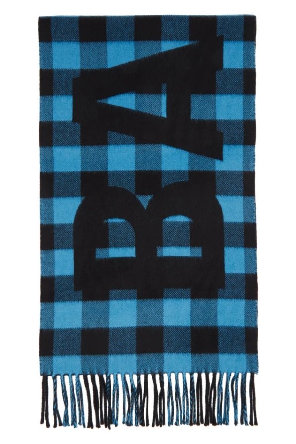 Blue & Black Checked Logo Oversize Scarf