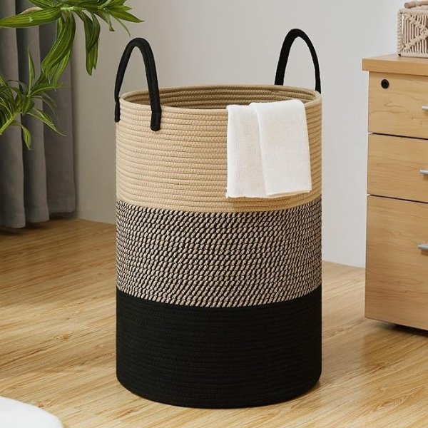 TECHMILLY Woven Rope Laundry Basket by TECHMILLY, 58L Baby Nursery Hamper for Clothes Blanket Storage, Large Tall Laundry Hamper for College Dorm, Bedroom, Living Room, Black & Brown