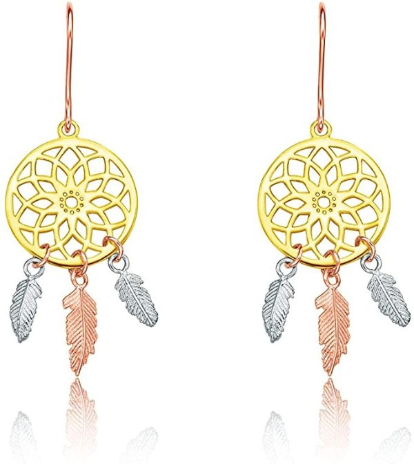 18K Tri-Colored Gold Dream Catcher French Hook Earrings