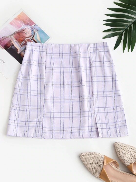 Plaid Front Slit Mini Skirt LIGHT PURPLE